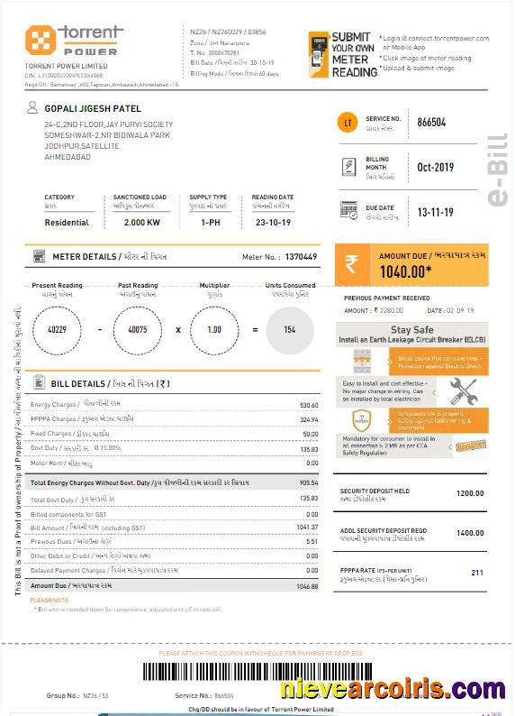 INDIA TORRENT POWER utility bill